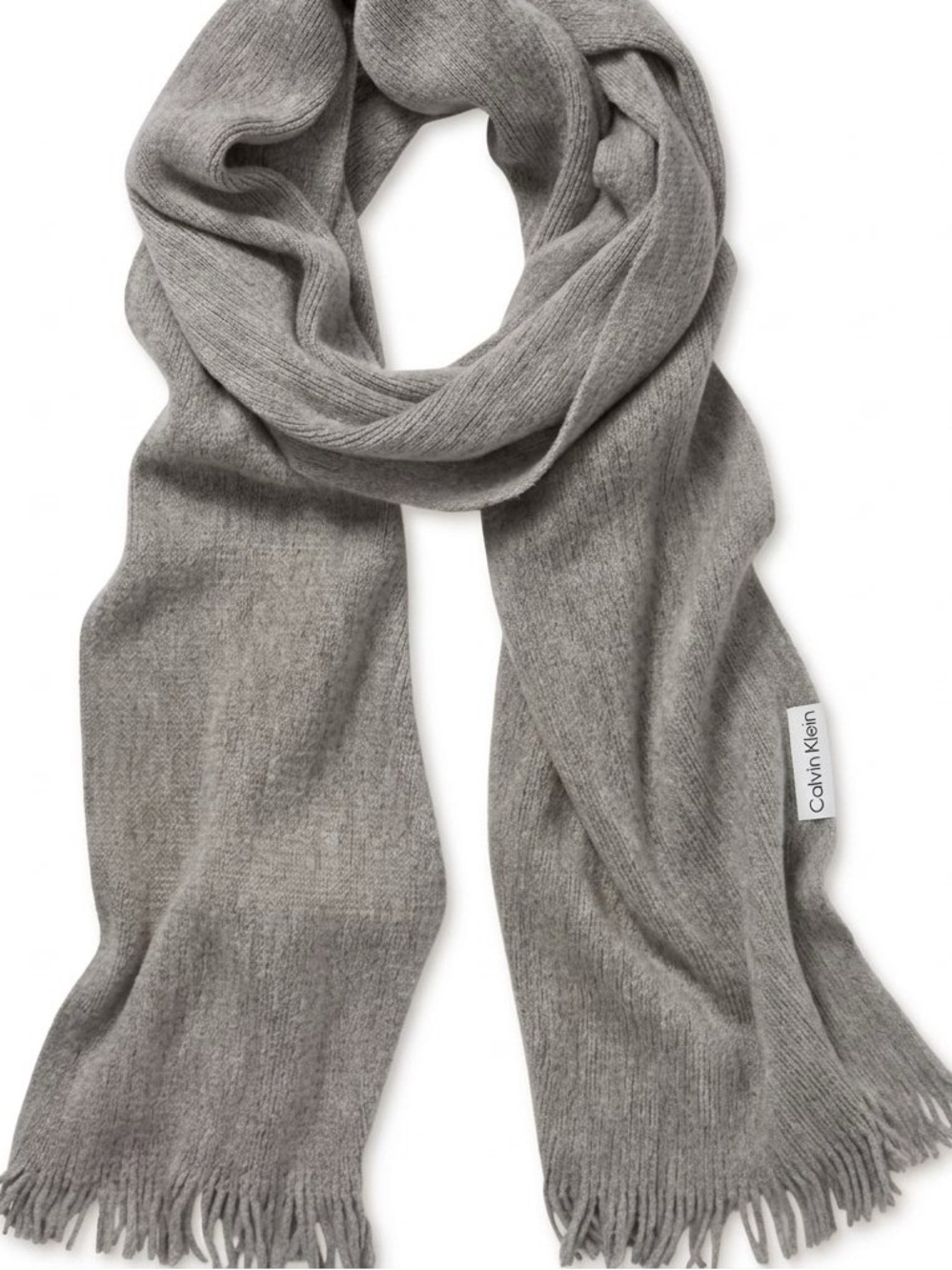 CALVIN KLEIN Logo Patch Scarf Heather Grey Solid Soft Long Oversize Fringe NWT